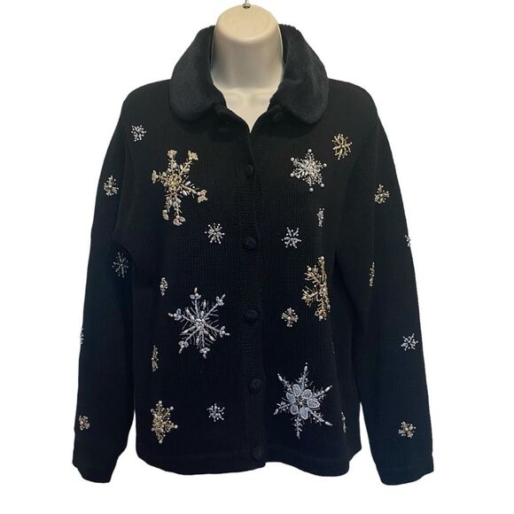 Victoria Jones Petite Heavily Beaded Knit Cardigan Removable Faux Fur Collar PM - Picture 1 of 16